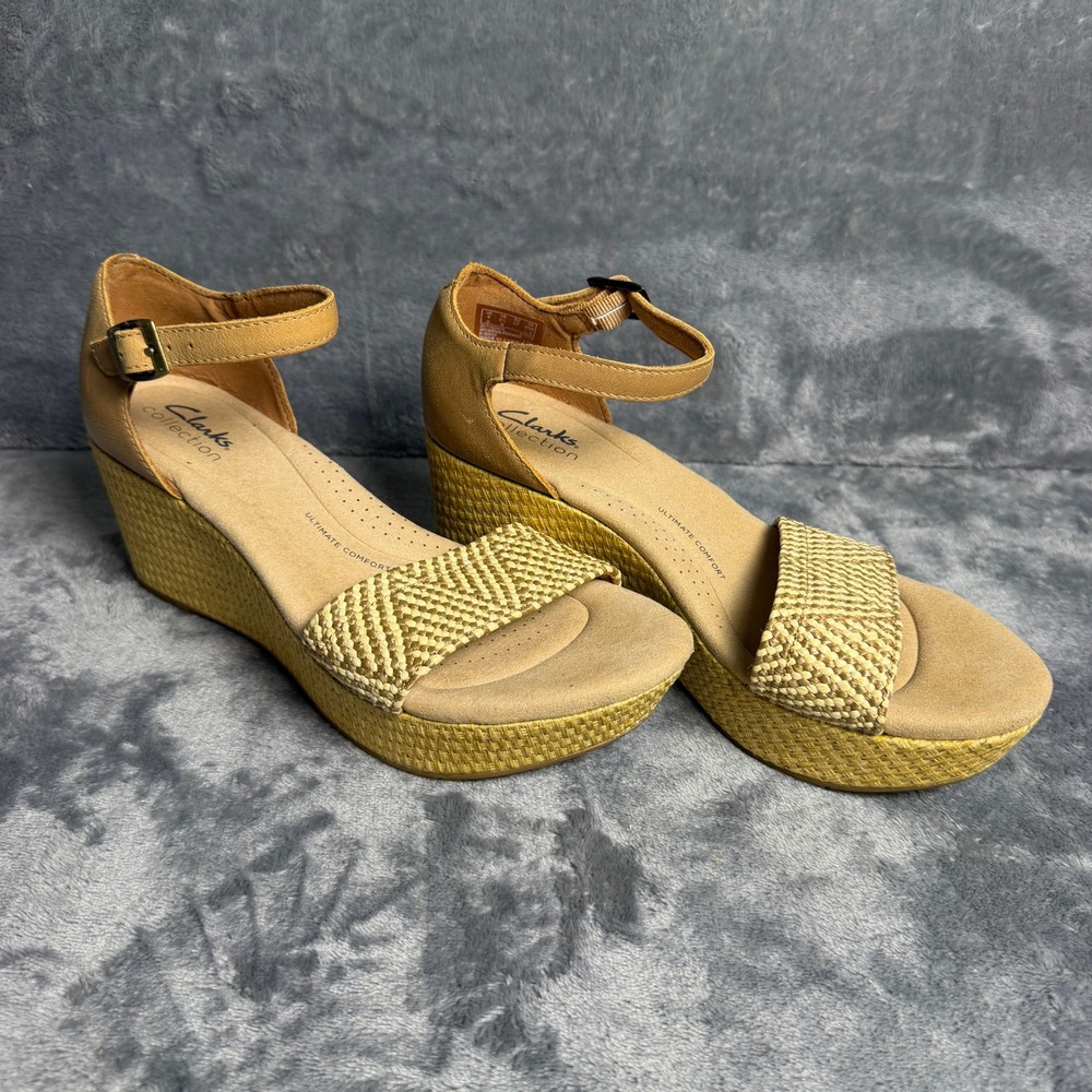 Clarks Womens 6.5 Tan Neutral Beige Straw Woven Platform Wedge Sandals